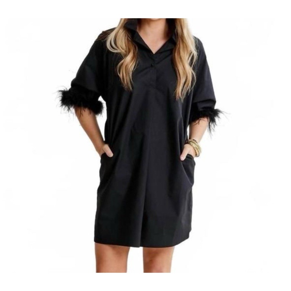Caryn Lawn Heather Feather Dress One Size Black Cotton‎ Poplin Pockets NWT